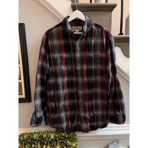 Duluth Trading Red & Gray Plaid Relaxed Fit Flannel Shirt sz M